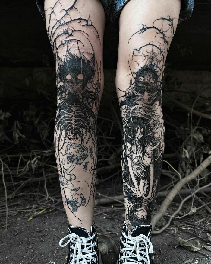 Gnarly Looking Dark Massive Leg Tattoos