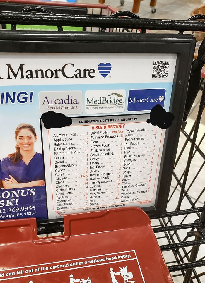 Shopping Cart At The Grocery Store Has Aisle Directory On It