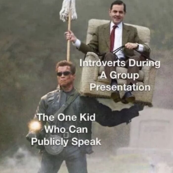 Humorous college meme showing a student carrying an introvert during a group presentation.