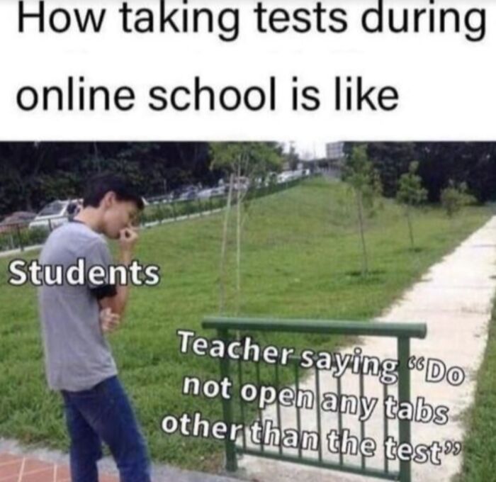 Student pondering over a shortcut next to a blocked path, illustrating a funny college meme about online school tests.