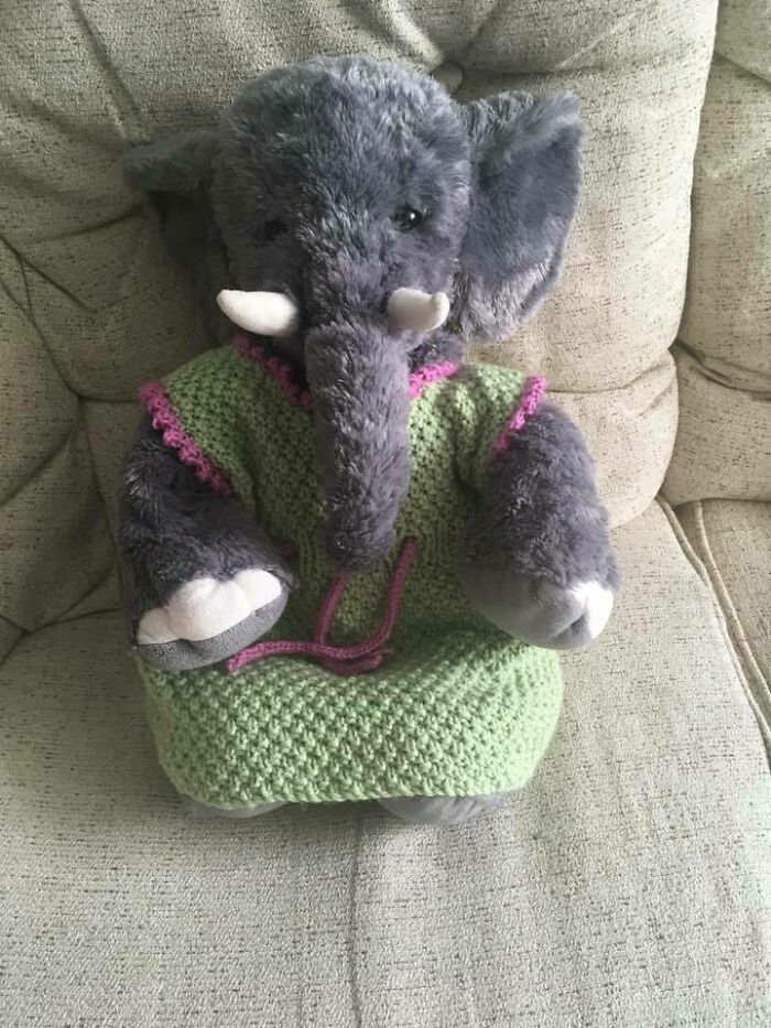 This Is Hester. She Tried On The Outfits I Knit For Friends' Babies, Although I Made The Santa Costume Especially For Her 😂