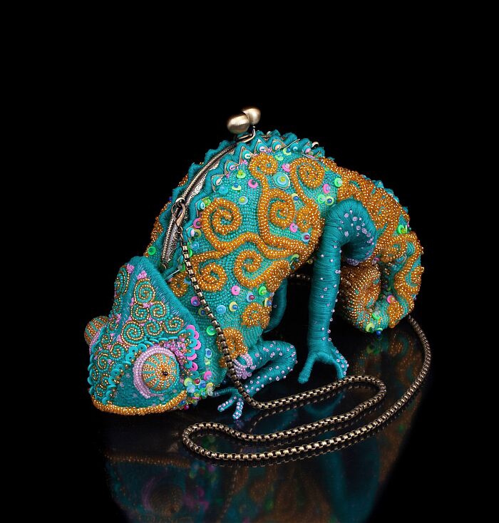 Hand-Embroidered Chameleon Purse