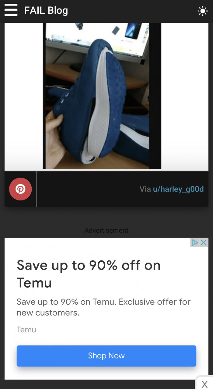 An Ad For Temu… On A Fail Blog Article About Online Shopping Fails