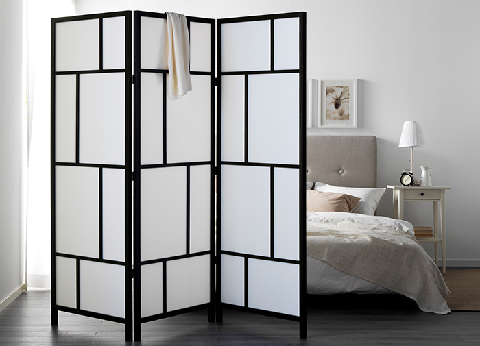 Black and white, rectangle structured wooden IKEA folding room divider Black and white, rectangle structured wooden IKEA folding room divider