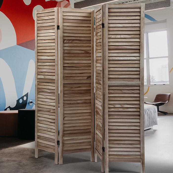 Four panel wooden louvered foldable room divider