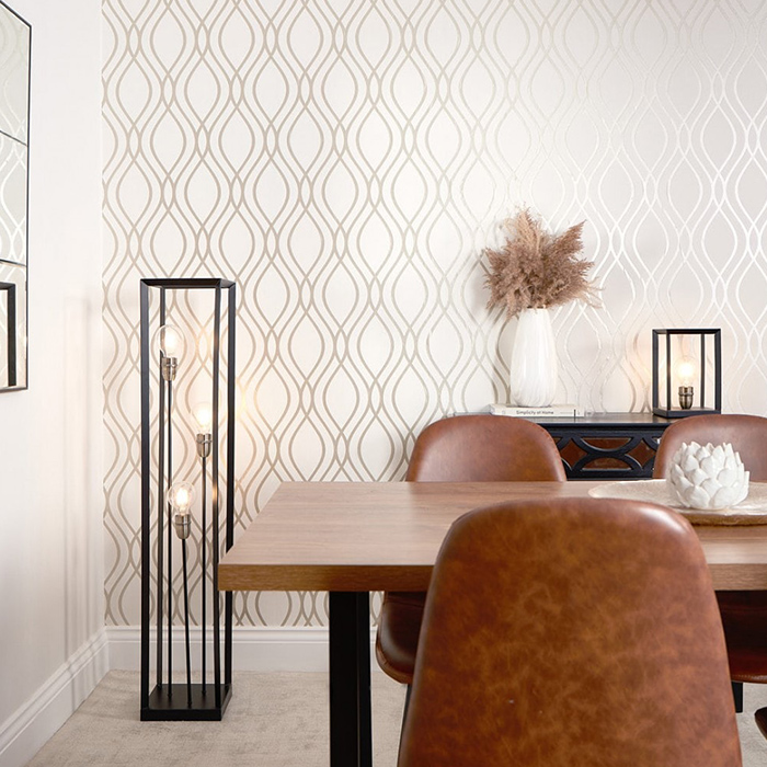Neutral and gold Camden wave wallpaper inside dining room