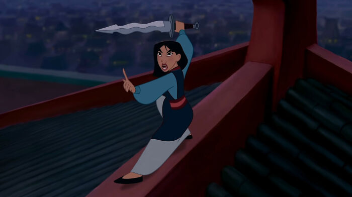 Disney's cartoon character Mulan with the sword in fighting scene