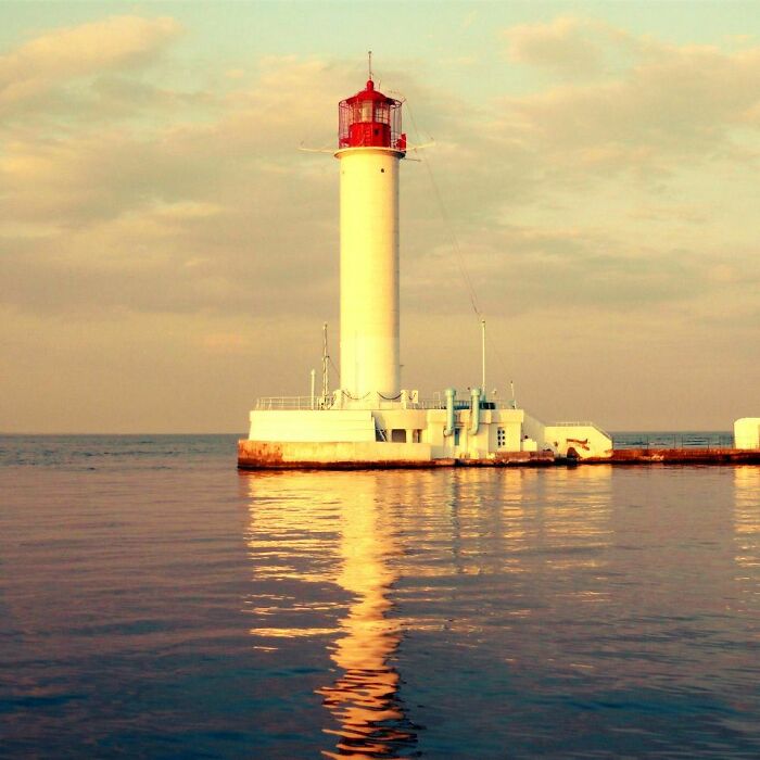 Bright White Lighthouse Just Off The Coast Of Occupied Odessa