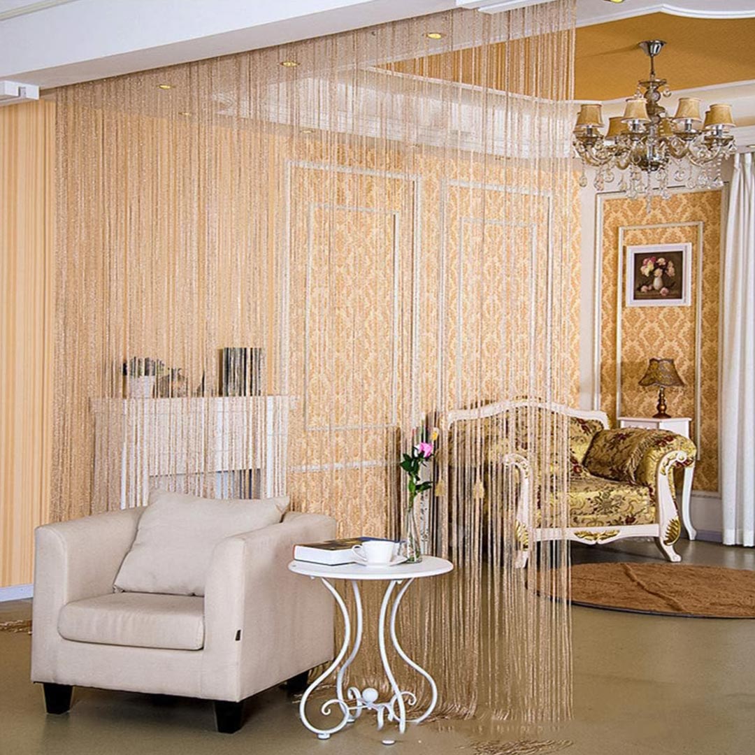 Ceiling-to-floor beige decorative rope wall room divider in classical interior with furniture