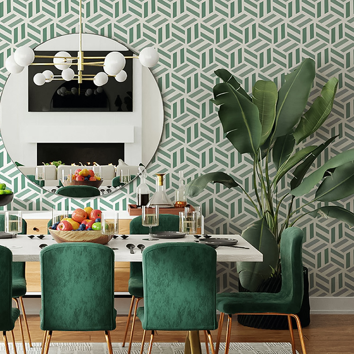 Wall stenciled with green geometric pattern inside modern dining room