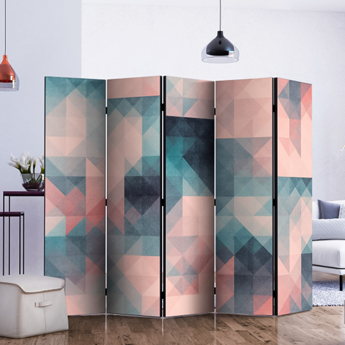 Five panel folding room divider with geometric blue and pink pattern