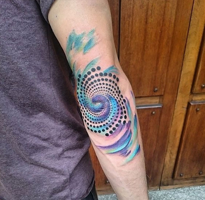 Watercolor dotwork elbow tattoo