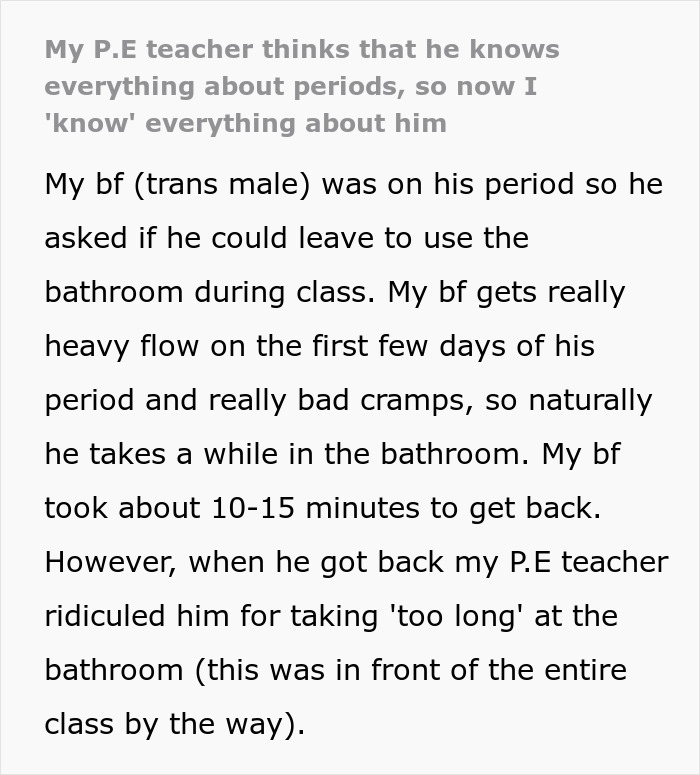 GF Finds A Perfect Way To Embarrass P.E. Teacher For Berating Her BF For His Period GF Finds A Perfect Way To Embarrass P.E. Teacher For Berating Her BF For His Period