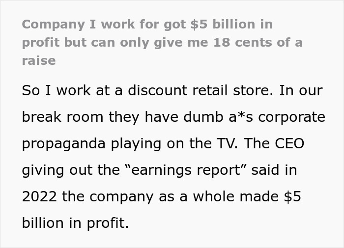 Company Boasts About $5 Billion Profit, Gives Worker 18-Cent Raise Company Boasts About $5 Billion Profit, Gives Worker 18-Cent Raise