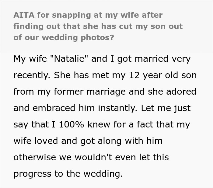 "She Hasn't Stopped Crying": Man Cancels Honeymoon After Wife Edited His Son Out Of Wedding Pics "She Hasn't Stopped Crying": Man Cancels Honeymoon After Wife Edited His Son Out Of Wedding Pics