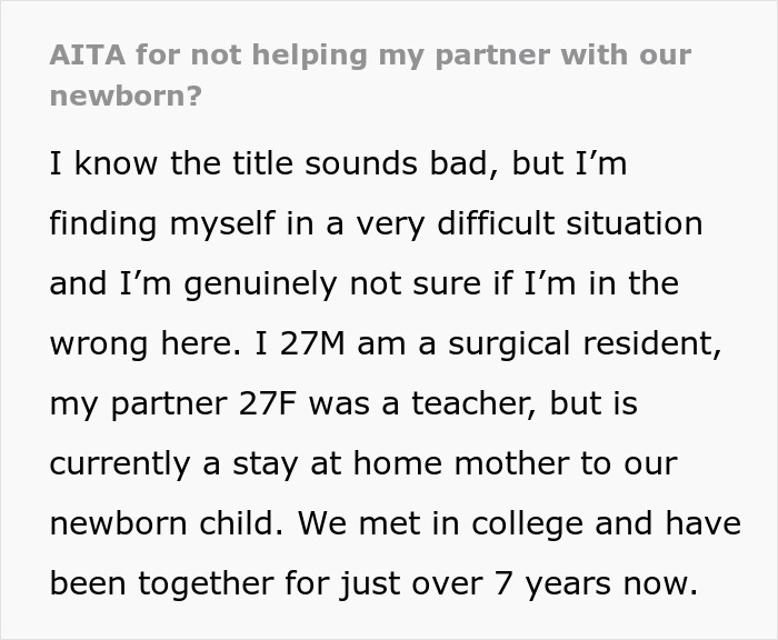 “Am I The Jerk For Not Helping My Partner With Our Newborn?” “Am I The Jerk For Not Helping My Partner With Our Newborn?”