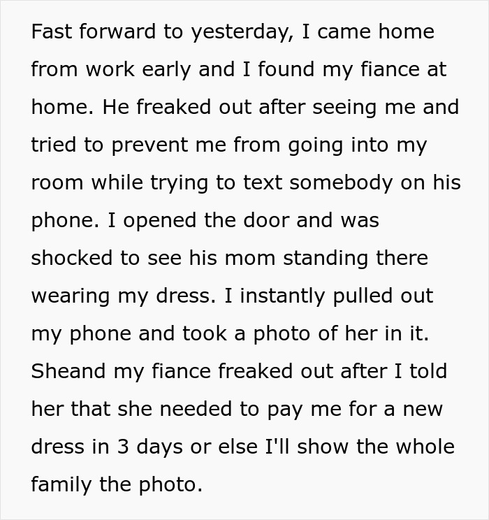 Woman's Fiancé Lets His Mom Try On Her Wedding Dress, Knowing She Would Be Livid, Drama Ensues Woman's Fiancé Lets His Mom Try On Her Wedding Dress, Knowing She Would Be Livid, Drama Ensues