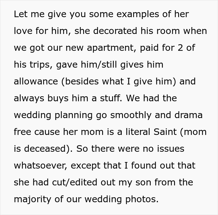 "She Hasn't Stopped Crying": Man Cancels Honeymoon After Wife Edited His Son Out Of Wedding Pics "She Hasn't Stopped Crying": Man Cancels Honeymoon After Wife Edited His Son Out Of Wedding Pics