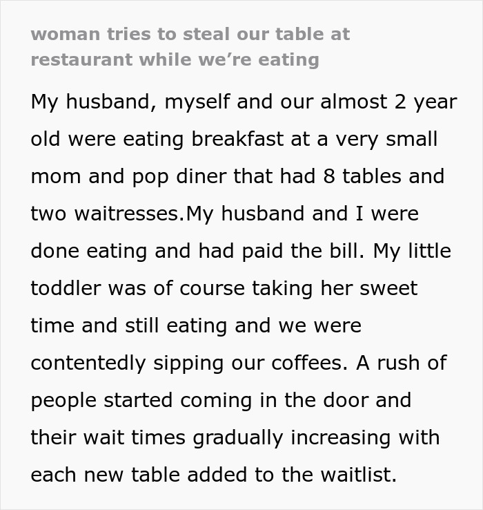 Woman Arrives At Diner, Says “I’ll Sit Here” Gesturing To Table Occupied By Family Of 3 Woman Arrives At Diner, Says “I’ll Sit Here” Gesturing To Table Occupied By Family Of 3