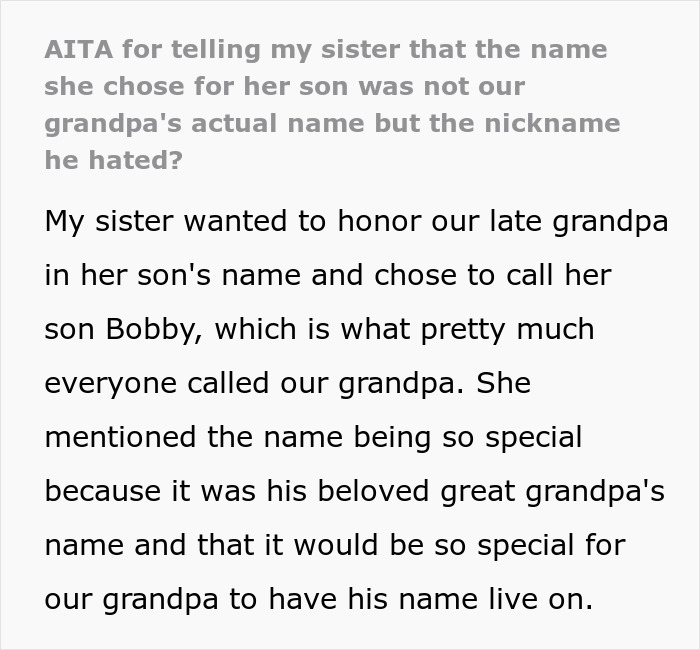 Woman Wants To Name Her Baby After Grandad, Is Upset Her Brother Revealed It Was A Hated Nickname Woman Wants To Name Her Baby After Grandad, Is Upset Her Brother Revealed It Was A Hated Nickname