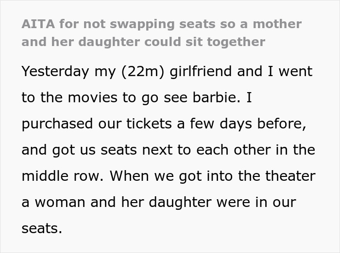 Mom Feels Entitled To Guy’s Seats So She Can Watch ‘Barbie’ With Her Daughter, He Refuses To Move Mom Feels Entitled To Guy’s Seats So She Can Watch ‘Barbie’ With Her Daughter, He Refuses To Move