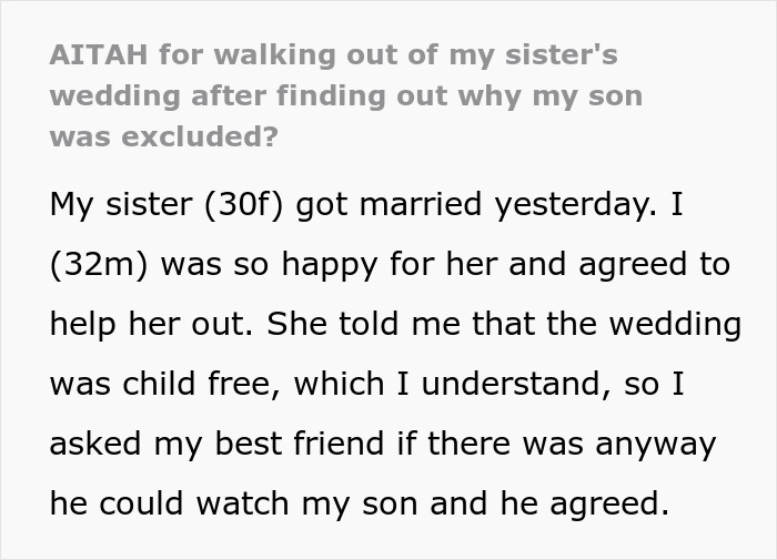 Man Guilted For Leaving Sister’s Wedding Over Son’s Exclusion, Asks The Internet For Help