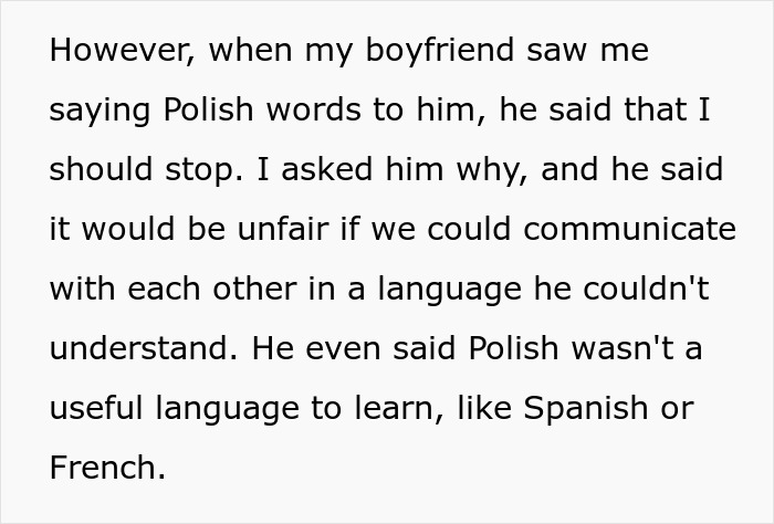Woman continues speaking Polish to child, ignoring boyfriend’s request, raising questions if she’s a jerk in the relationship. Woman continues speaking Polish to child, ignoring boyfriend’s request, raising questions if she’s a jerk in the relationship.