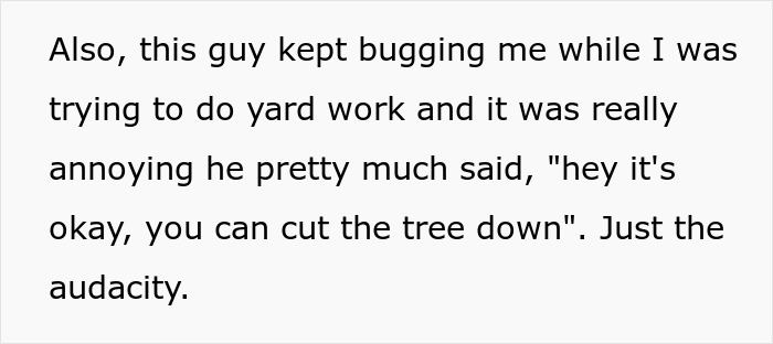 Person Maliciously Complies With Annoying Neighbor Who Kept Asking Them To Cut Down His Tree