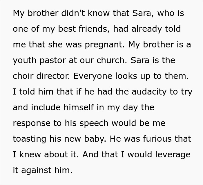 Sister Uses Blackmail To Prevent Her Brother From Proposing While Giving A Speech At Her Wedding Sister Uses Blackmail To Prevent Her Brother From Proposing While Giving A Speech At Her Wedding