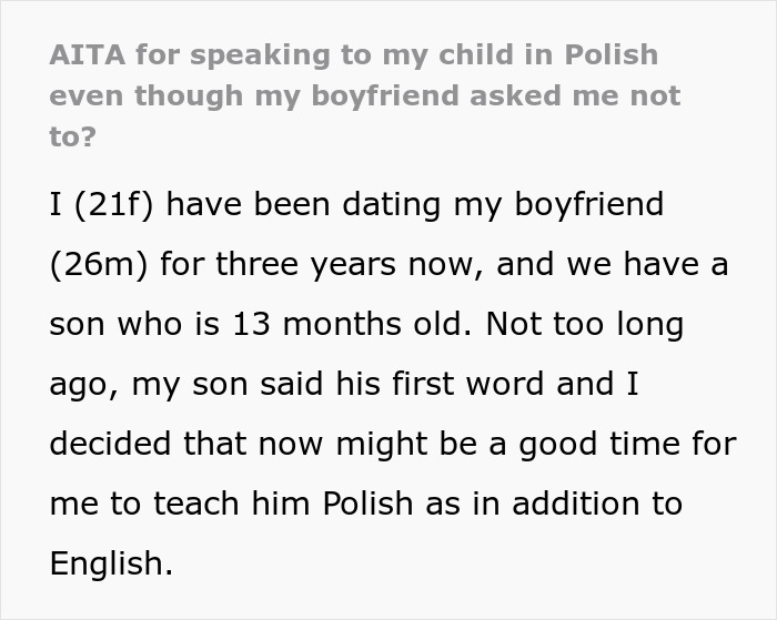 Woman continues speaking to child in Polish despite boyfriend’s request, raising questions about being a jerk in the relationship. Woman continues speaking to child in Polish despite boyfriend’s request, raising questions about being a jerk in the relationship.