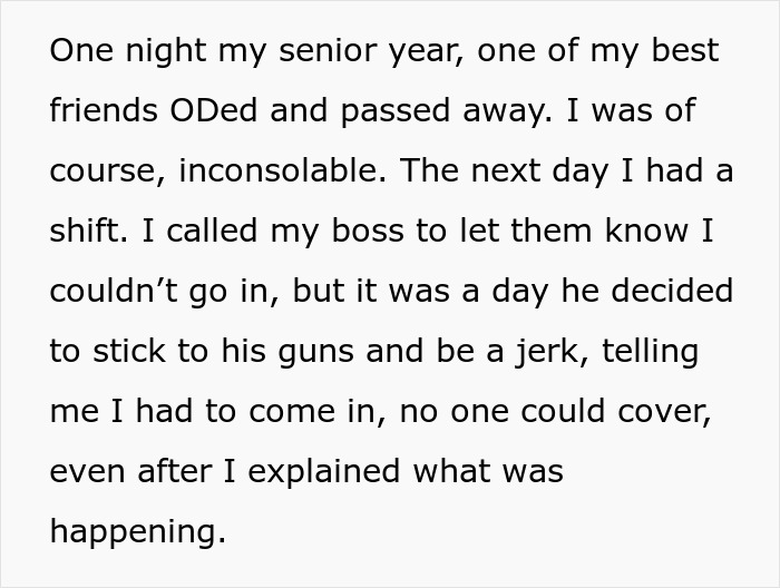 Jerk Boss Denies Teen A Day Off After Her Best Friend Died, So She Maliciously Complies Jerk Boss Denies Teen A Day Off After Her Best Friend Died, So She Maliciously Complies