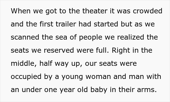 Couple Reserves Movie Theatre Seats, Finds Them Occupied By A Family With A Baby, Has None Of It Couple Reserves Movie Theatre Seats, Finds Them Occupied By A Family With A Baby, Has None Of It