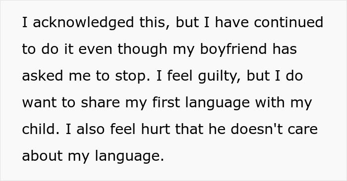 Text of a woman explaining she continues speaking Polish to her child despite boyfriend’s request to stop, feeling guilty and hurt. Text of a woman explaining she continues speaking Polish to her child despite boyfriend’s request to stop, feeling guilty and hurt.