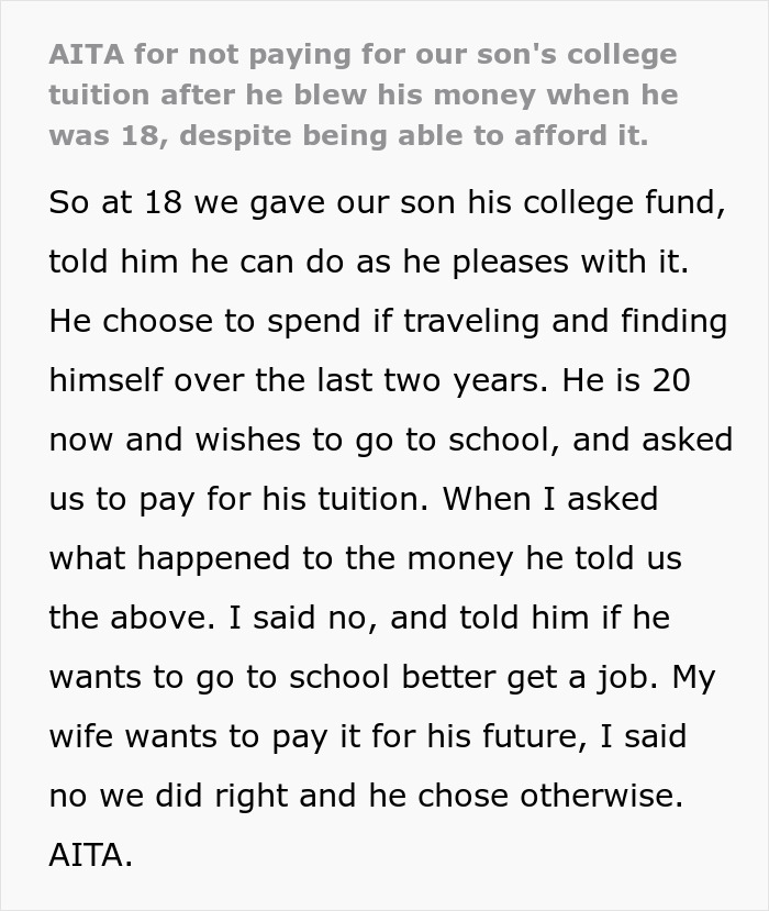 20 Y.O. Spends All His College Money On Traveling, Parents Show Him That Actions Have Consequences