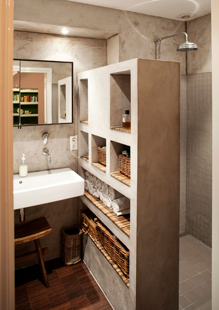 Built In Storage Between The Sink And Shower