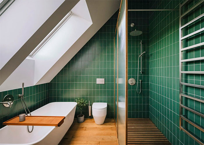 Walk-In Shower With A Bathtub In A Modern Green With Wooden Pieces Bathroom