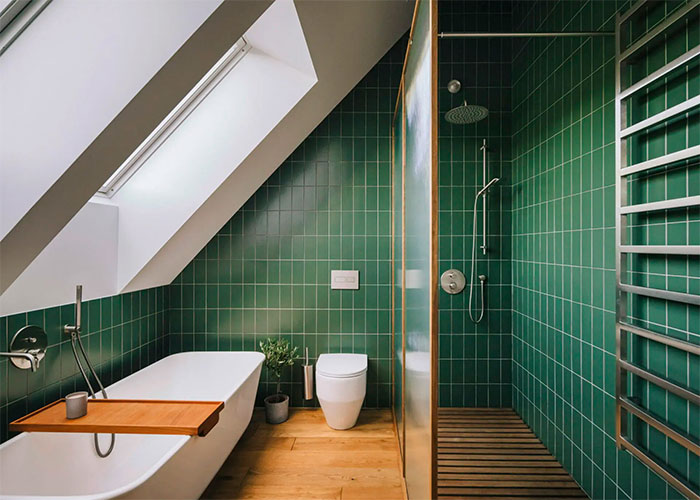Walk-In Shower With A Bathtub In A Modern Green With Wooden Pieces Bathroom Walk-In Shower With A Bathtub In A Modern Green With Wooden Pieces Bathroom