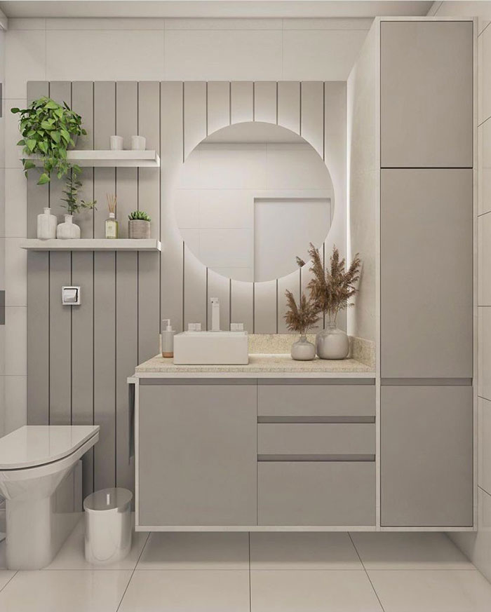 Vertical Storage White Bathroom Shelves With Mirror And Plants