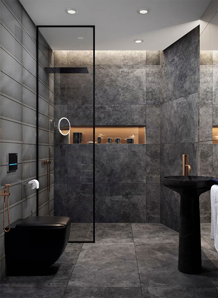 Modern Black Bathroom With Cooper Details
