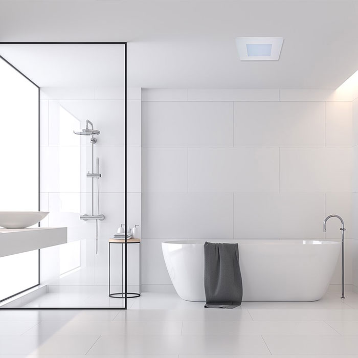 Bright White bathroom with ventilation on ceiling Bright White bathroom with ventilation on ceiling