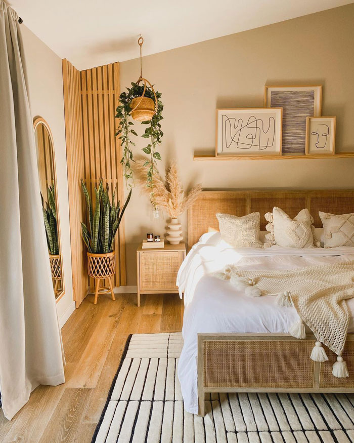 Light and cozy bedroom with rattan wood design elements