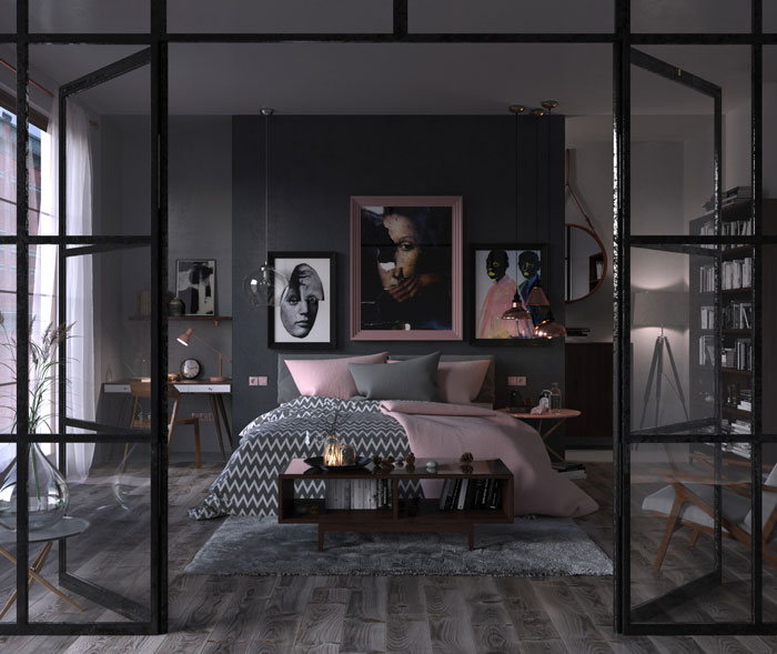 A dark bedroom with pink and black shades, glass door and pictures on the wall
