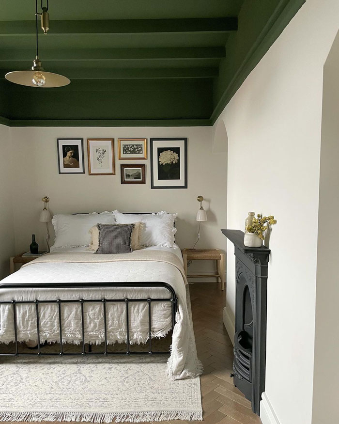 Bedroom with dark green colored ceiling