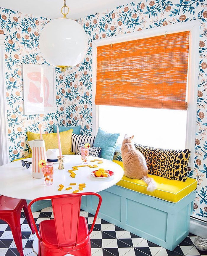 Bright contrasting colors breakfast nook Bright contrasting colors breakfast nook