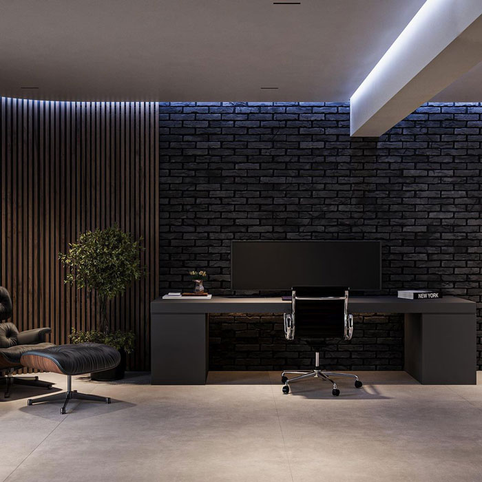 Modern office space with black brick wall design