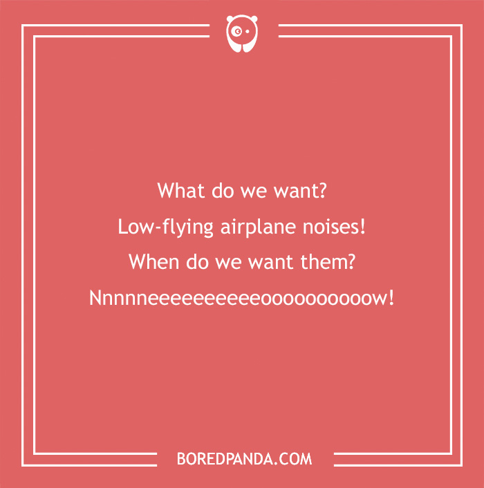 Text image with a joke about low-flying airplane noises, delivering clean laughter by Bored Panda.