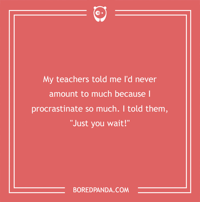 Clean joke about procrastination on a pink background with white text and a small owl icon.