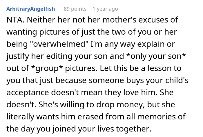 "She Hasn't Stopped Crying": Man Cancels Honeymoon After Wife Edited His Son Out Of Wedding Pics "She Hasn't Stopped Crying": Man Cancels Honeymoon After Wife Edited His Son Out Of Wedding Pics