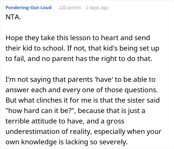 Person Makes Their Sister Cry By Quizzing Her After She Claimed She Would Homeschool Her Kid Person Makes Their Sister Cry By Quizzing Her After She Claimed She Would Homeschool Her Kid