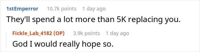 "5k? Not A Massive Difference, Then”: Boss Shames Worker For Quitting, Doesn’t Give Counteroffer "5k? Not A Massive Difference, Then”: Boss Shames Worker For Quitting, Doesn’t Give Counteroffer